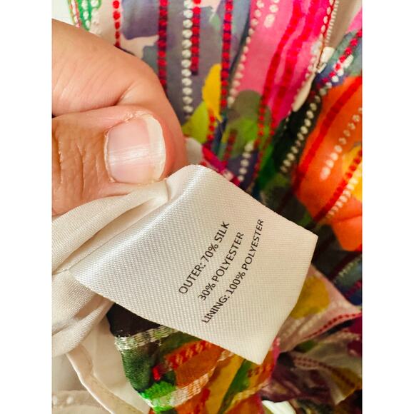 SALONI Pink Printed Silk Flutter Sleeves V-Neckline Ruffled Skirt Catia Dress 4 - Picture 10 of 15